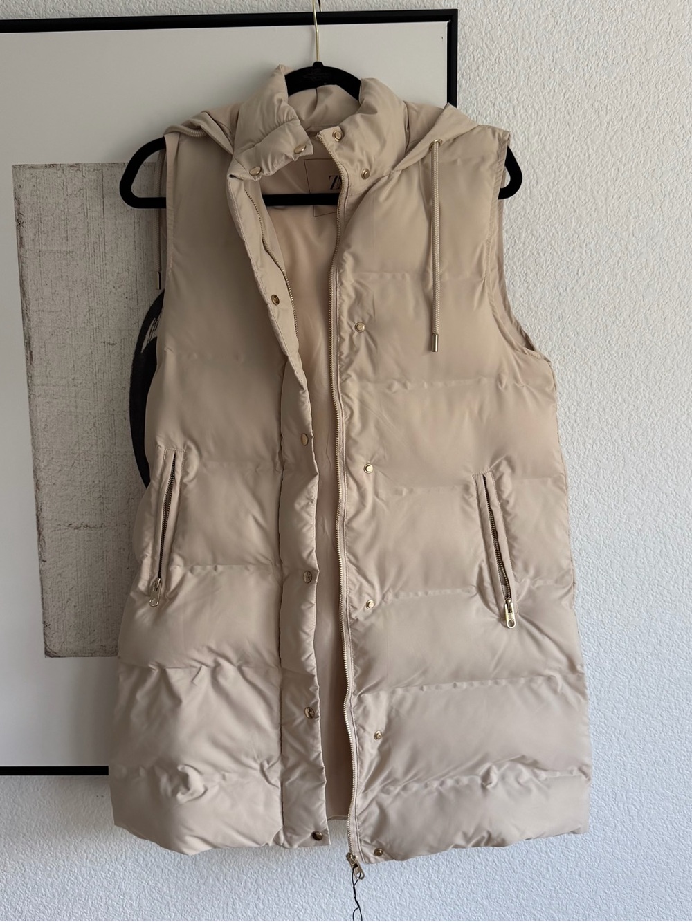 Zara Women's Beige Puffer Vest with Hood